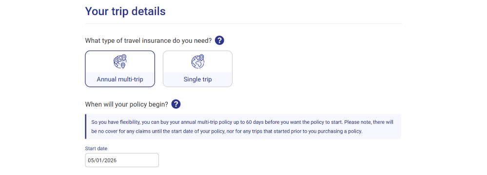 Different trip options on the AllClear Travel Insurance website