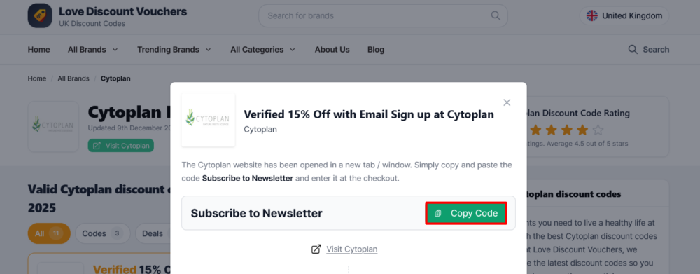 A popup displaying a Cytoplan discount code and its terms and conditions