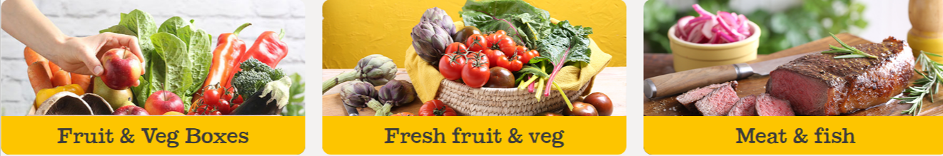 three categories Abel & Cole offers in their online store including meat, and food box