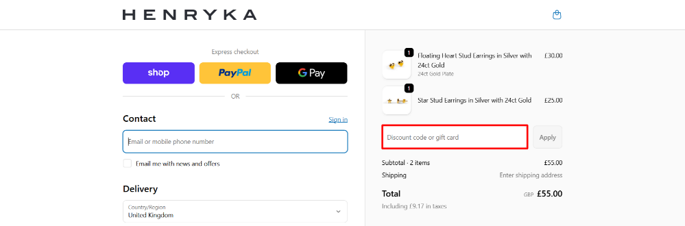 The Henryka checkout page