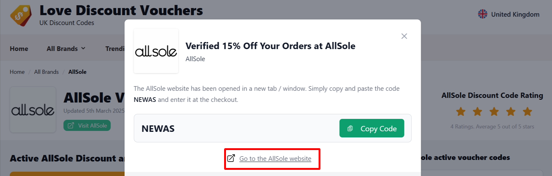 The highlighted red box shows the link that takes you to the AllSole website