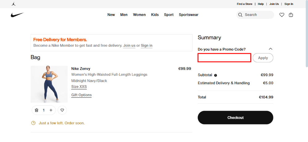 Nike promo code plcae highlighted by a red box