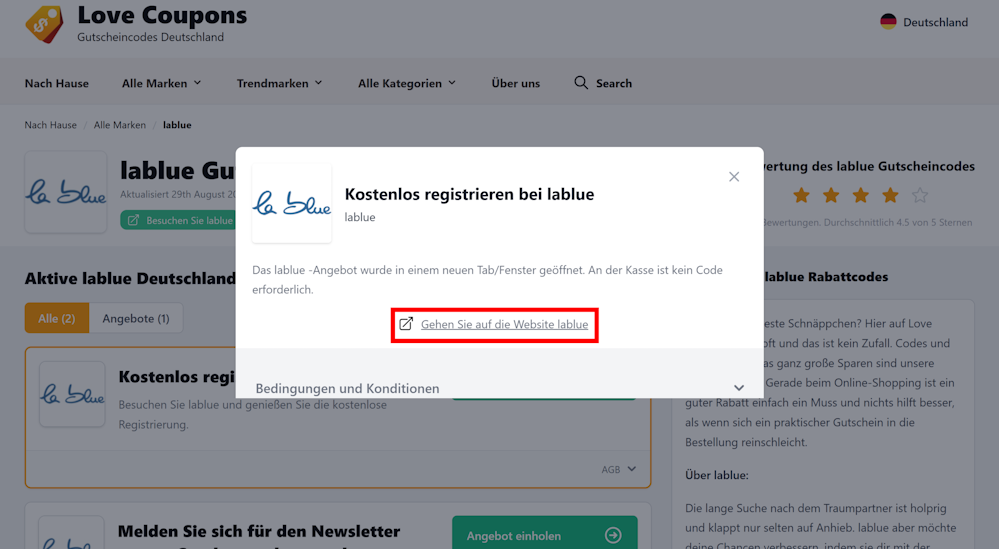 Love Coupons mit einem offenen Angebot-Fenster für lablue und rotmarkiertem Link