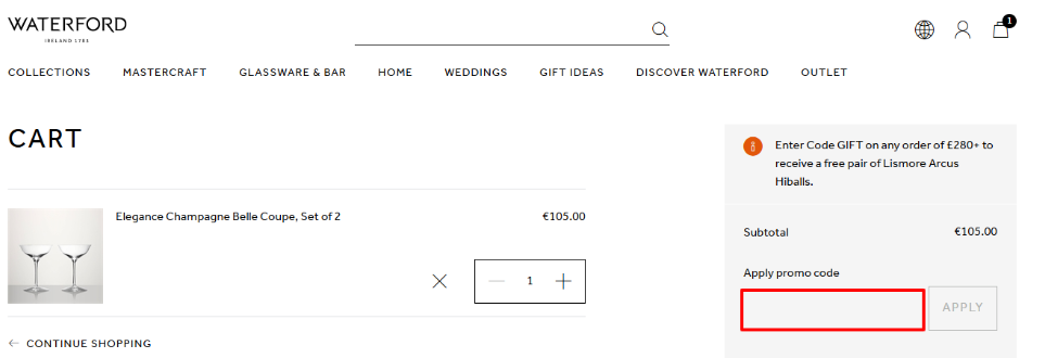Apply your Waterford promo code to your shopping cart