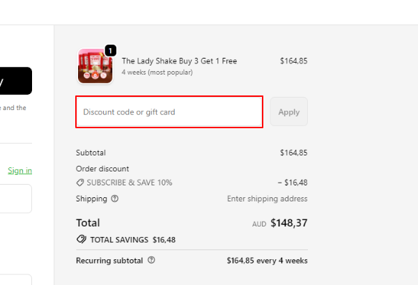 Checkout image for The Lady Shake with a red box visible around the area to add a discount code