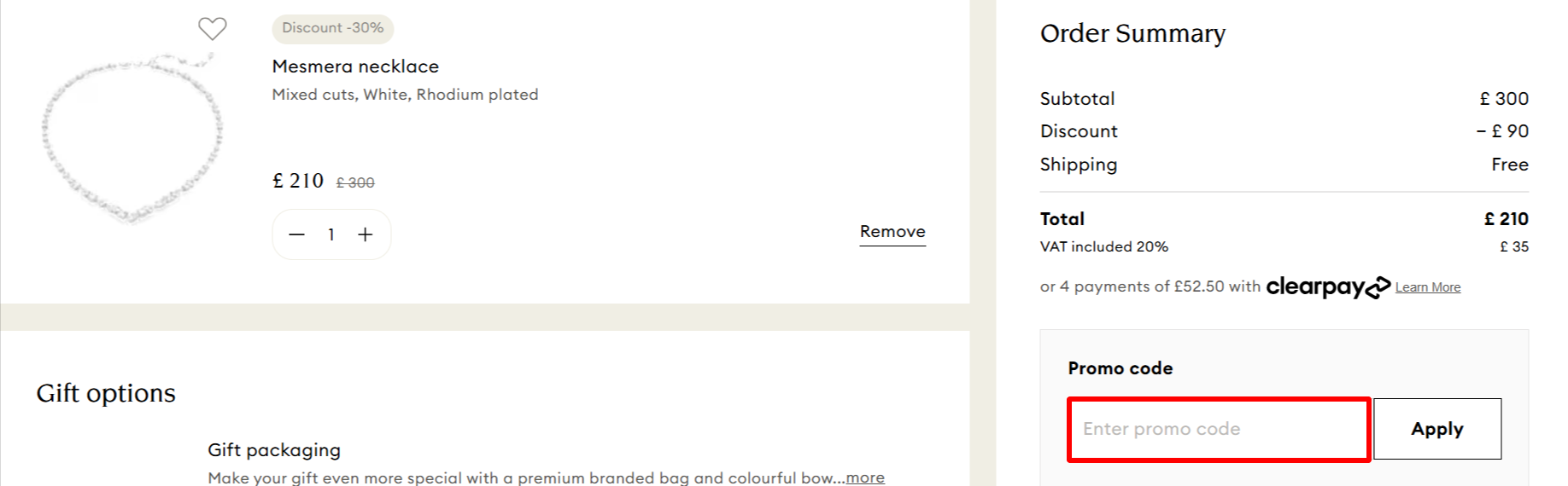 The checkout page showing where to apply your discount code