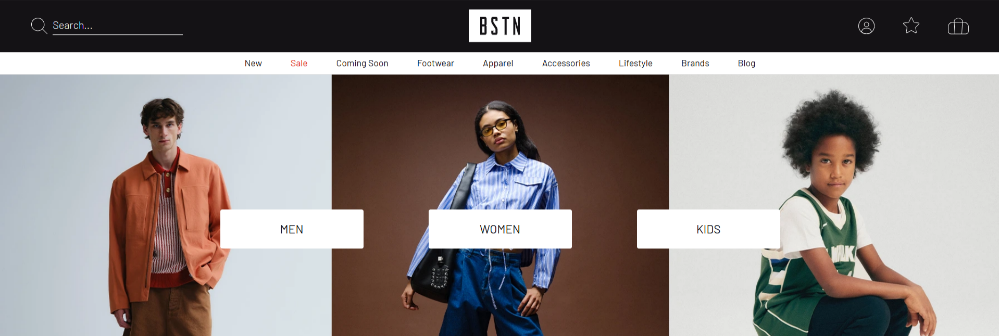 The BSTN shopping page and the different categories you can shop from