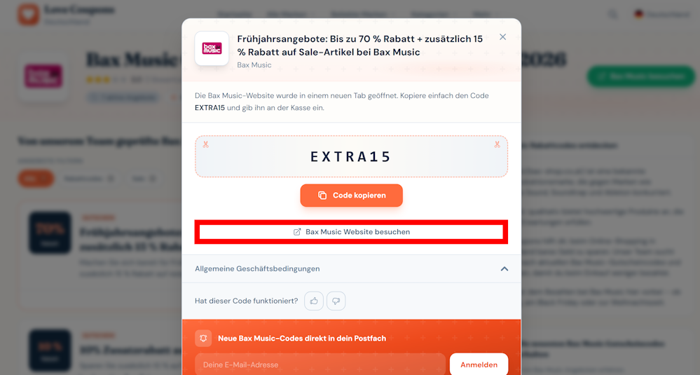 Ein offener Rabattcode auf der Love Coupons-Seite mit rotmarkiertem Link