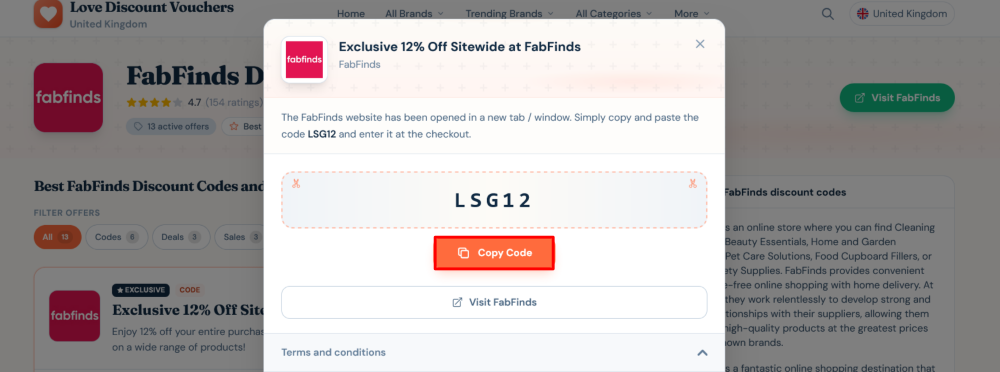 FabFinds Love Discount Vouchers page where a code is copies