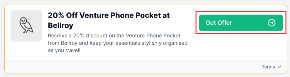 A Bellroy offer with "Get Offer" in a red box.
