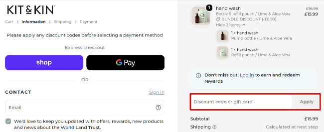 Kit & Kin checkout page with a highlight of the code box and items