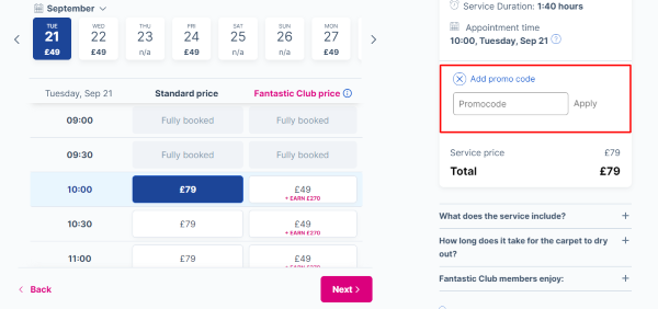 A checkout page showing a red highlighted box where you should paste your Fantastic Services discount code