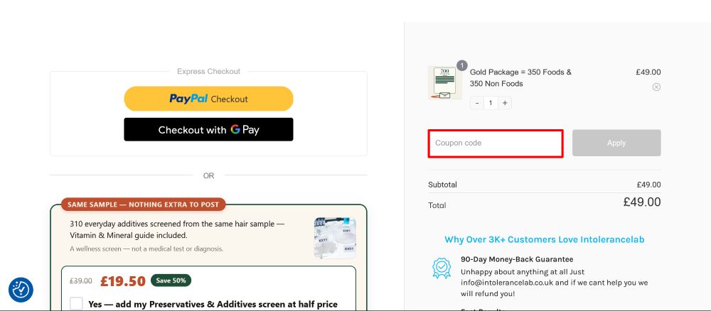 The checkout page for Intolerance Lab, where you paste the code