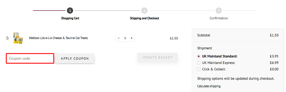 The order summary page with where to paste the HugglePets voucher code in a red box