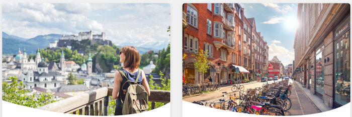 Ein Bild einer Frau vor schönen Gebäuden neben einem Bild einer Innenstadt mit Fahrrädern