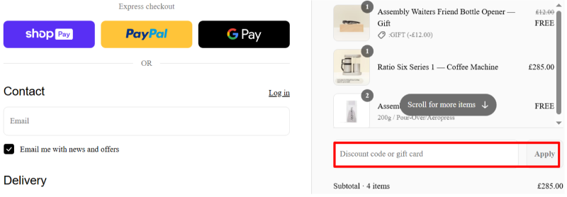 A box where you can add your Assembly Coffee discount code to redeem it