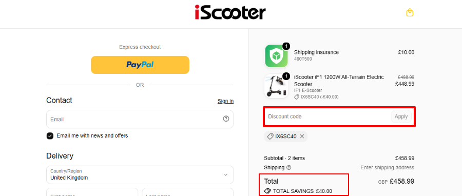 iScooter checkout page showing that the discount code works