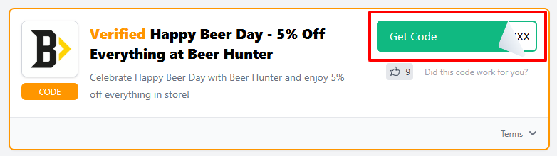 A Beer Hunter discount code with "Get Code" in a red box.
