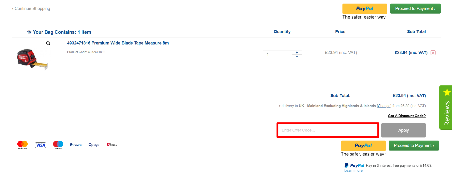 The Alan Wadkins checkout page with the voucher code box highlighted with a red box