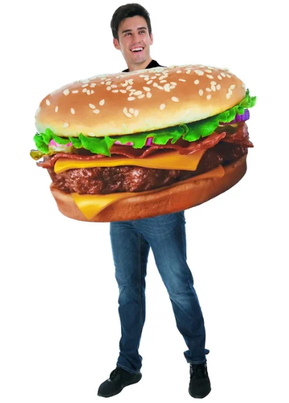 Family Halloween costume ideas: A man wearing a burger costume