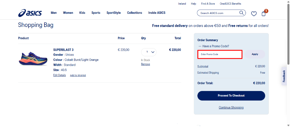 ASICS shopping bag where you apply your ASICS discount code to your order