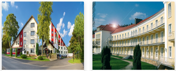 Zwei jeweils sehr unterschiedliche Hotelgebäude von Akzent mit blauen Himmel
