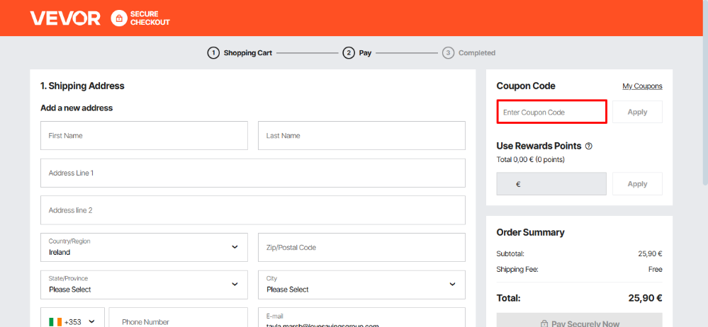 Payment page where you can apply yuour VEVOR discount code