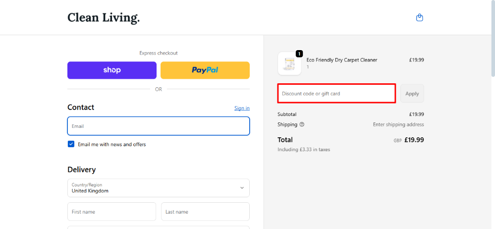 Clean Living discount code place in the Clean Living's checkout