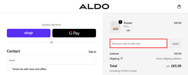 image showing the ALDO checkout page