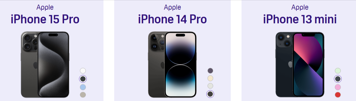 Apple iPhone 15 Pro, APple iPhone 14 Pro, Apple iPhone 13 mini 