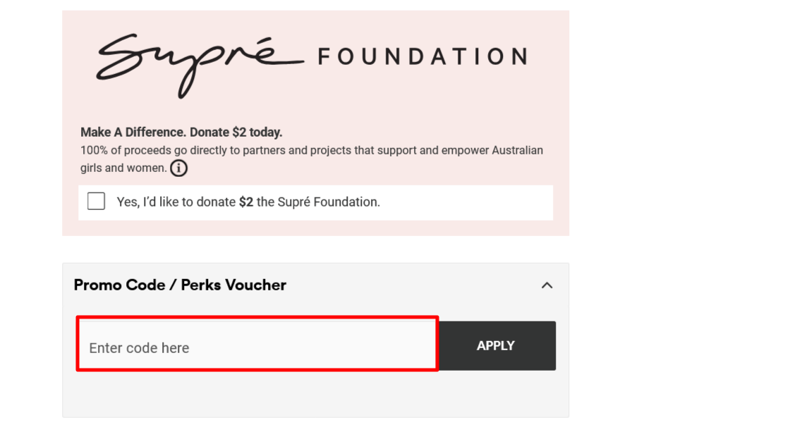 Supre checkout page where to enter your code