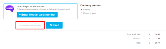 A red box is where you enter a Dulux Decorator Centre promo code