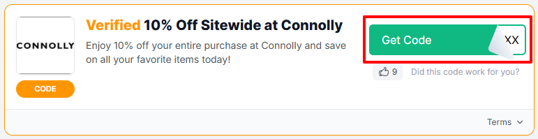 A Connolly voucher code with "Get Code" in a red box