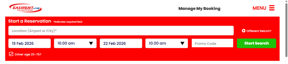 Easirent discount code place on the home page