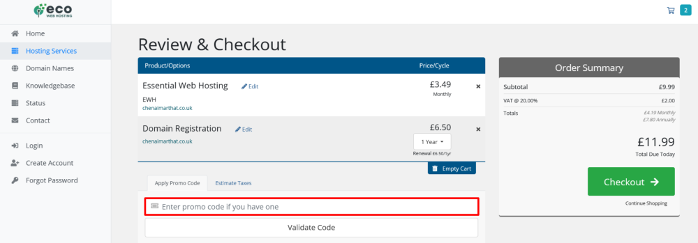 Eco Web Hosting checkout page where a code can be pasted