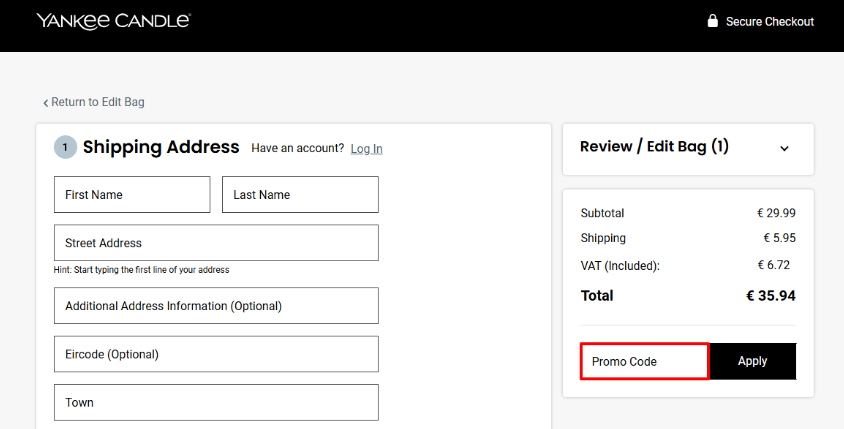 Yankee Candle promo code box under the order review