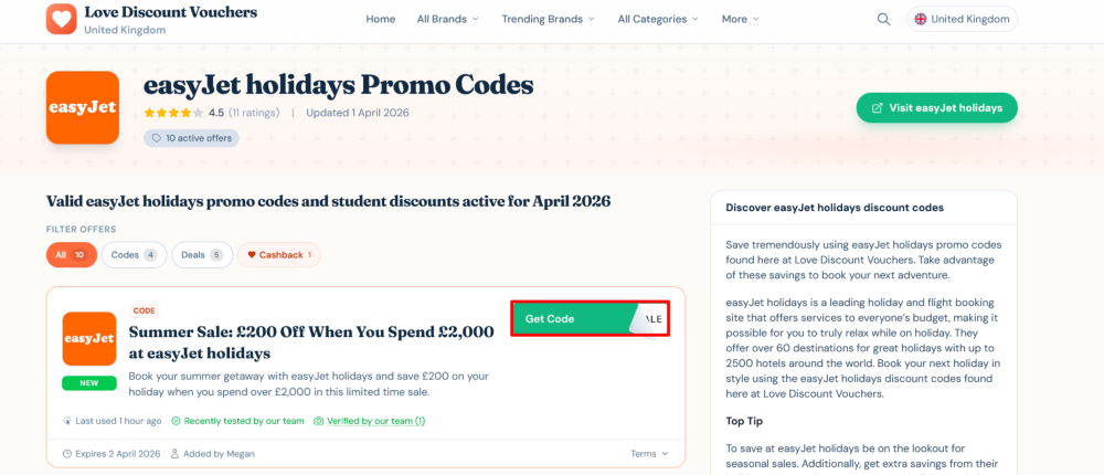 easyJet holidays Love Discount Vouchers page where a code is copied