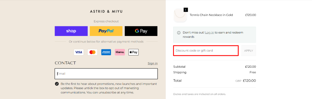 The Astrid & Miyu checkout page and the voucher box highlighted in red