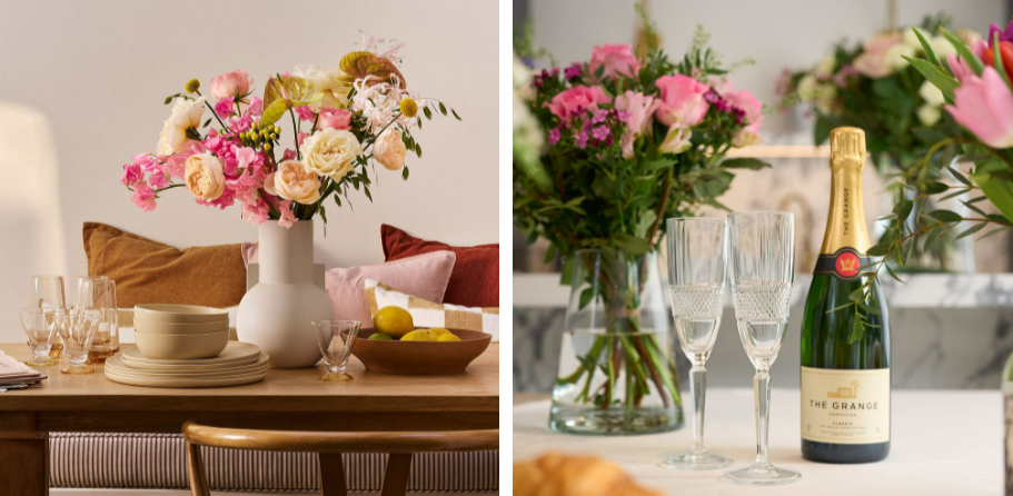 A dinner and a lunch decorated with arrangements from Arena Flowers