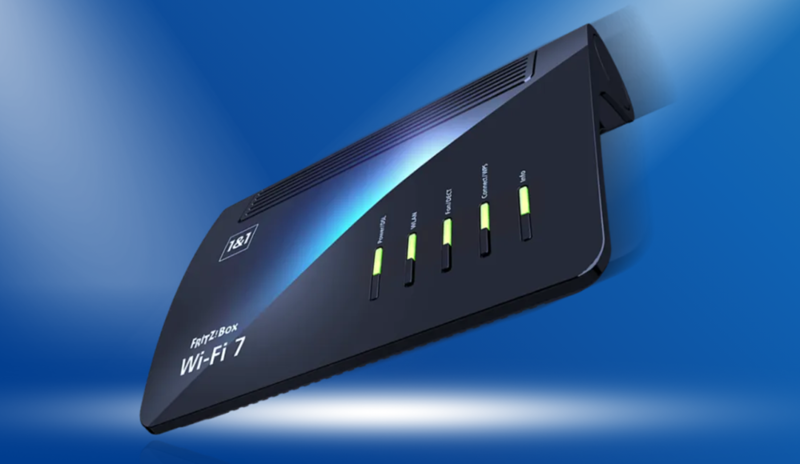 Ein WIFI-Router in dunkler Farbe auf bläulichem Hintergrund
