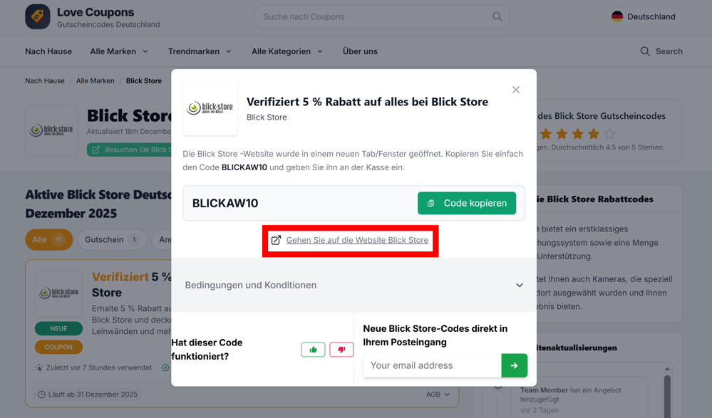 Offener Gutscheincode von Blick Store auf der Love Coupons-Seite mit rotmarkiertem Link