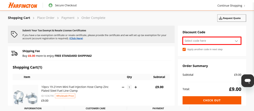 The checkout page for Harfington, where you paste the code