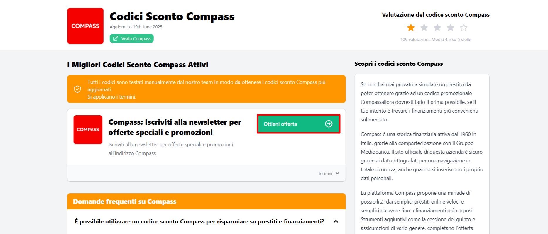 lista con un'offerta Compass da poter prendere in carico ed utilizzare per risparmiare sui prestiti