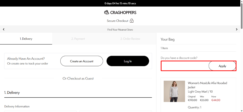 The secure checkout where you can apply your CRAGHOPPERS discount code to the order