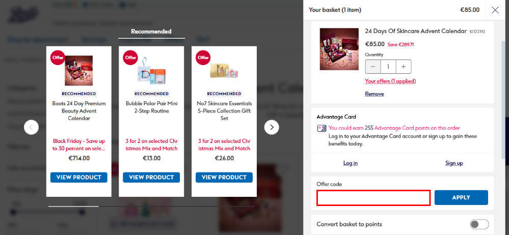 Shopping basket at Boots where you can apply your offer code