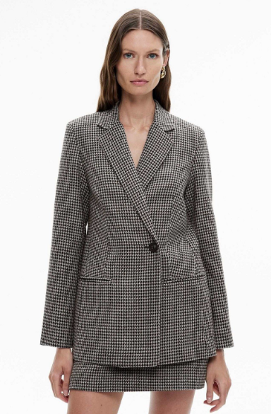Women's coats and jackets: A model wearing the black houndstooth blazer