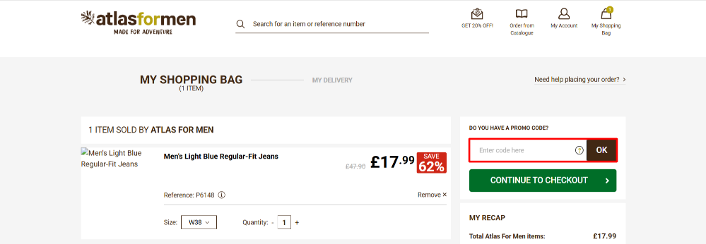 The Atlas For Men shopping basket and discount code box