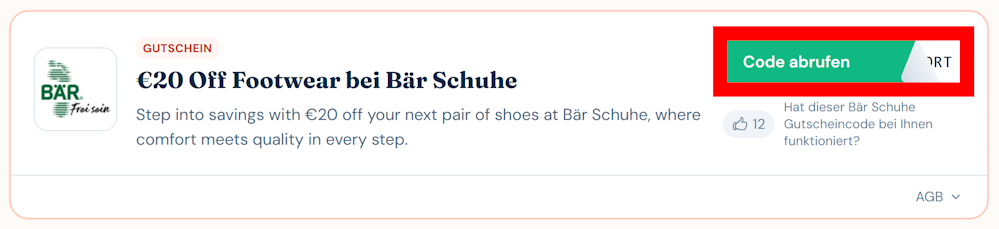 Angaben zu einem Rabattcode für Bär Schuhe mit einem rotmarkiertem grünen Button