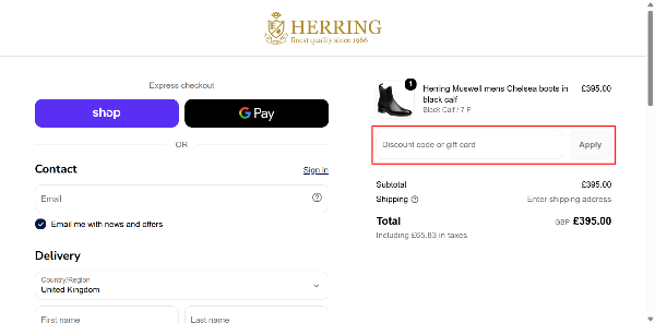 The checkout page showing where to apply your discount code