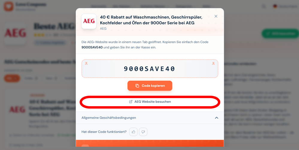 Ein offener Gutscheincode für AEG auf Love Coupons mit einem rotmarkiertem Link zum Besuchen der Seite